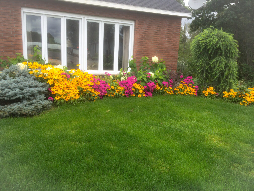 Beautifully maintained flower beds and lawn by Aidie Creek Gardens
